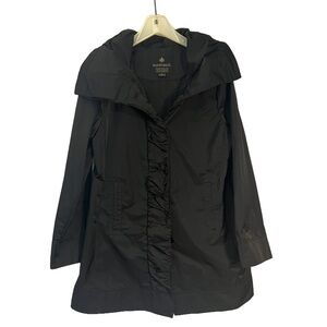 RAINFOREST Black Trench Coat with Wide Collar and Relaxed Fit ruffle button down